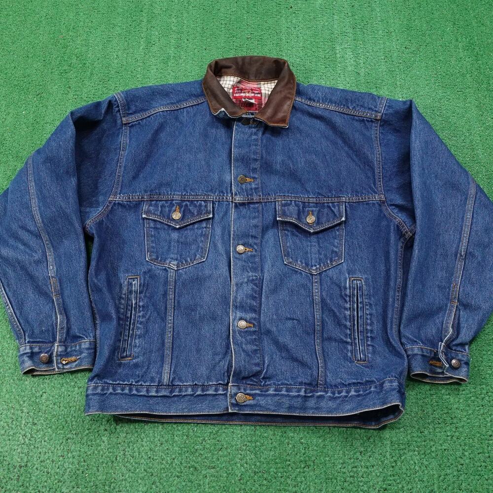 Vintage Marlboro Country Store Jacket Mens XL Blue Denim Leather Collar Bomber